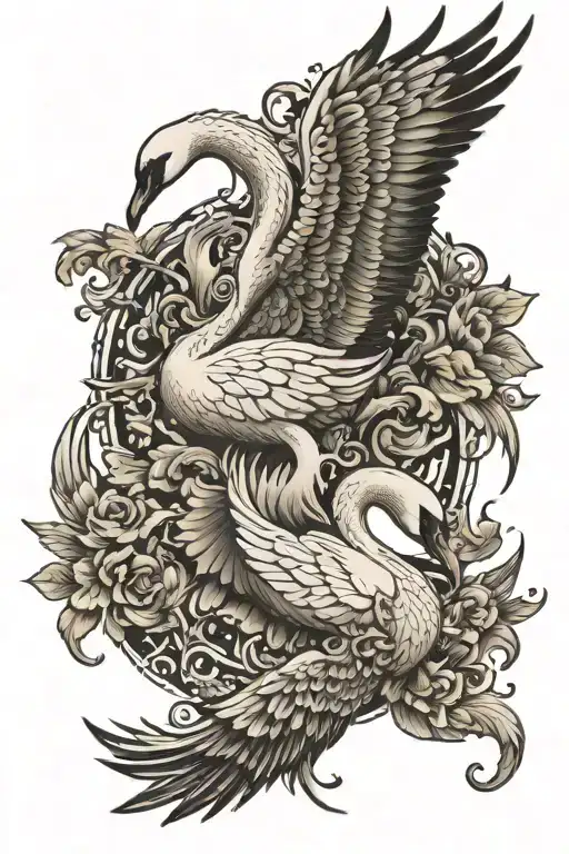 one swan with wings open and the other one swiming. Alot of ornamental style details around the swans black and white tattoo design idea