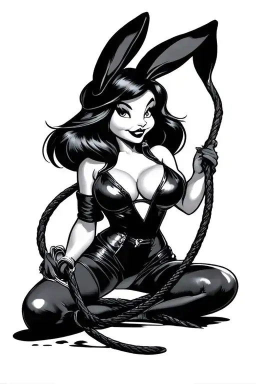 Jessica rabbit cartoon from loony tunes rolling up a bullwhip in her hands in black sexy leather  tattoo design idea