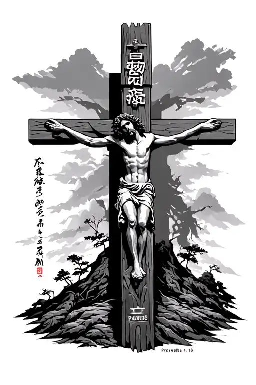 Christian totem pole  Engraved with Japanese Writing of Proverbs 24:16 and a shadow of Jesus's Crucifiction behind tattoo design idea