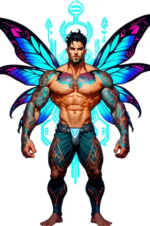 sexy adult gay male faery cartoon bodybuilder, playful, magical, nudism, erotica tattoo design idea