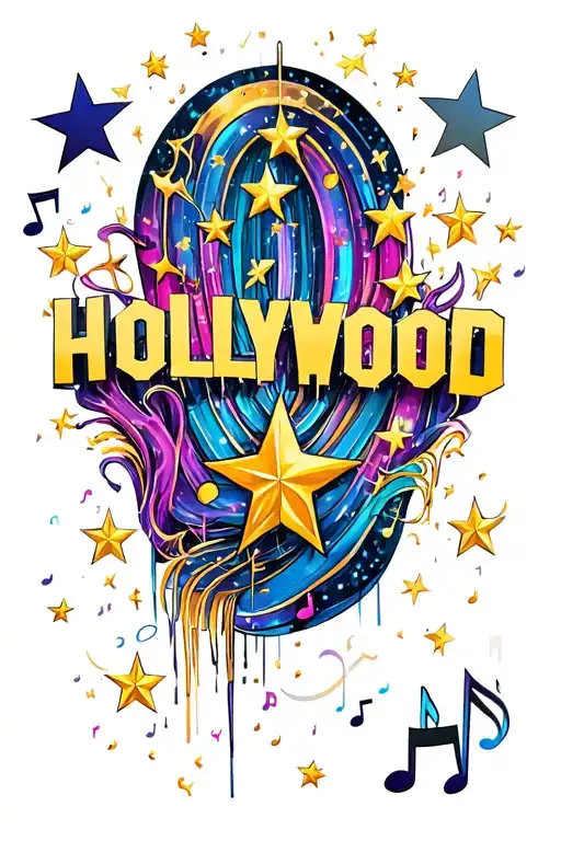 Hollywood with 7 stars going through the letters and music notes tattoo design idea