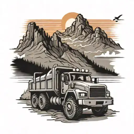 A black-grey tattoo of a road construction vehicle against a backdrop of rugged mountains and a fiery sunset tattoo design idea