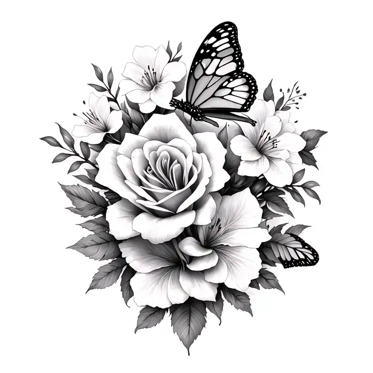 roses, lilies, cherry blossom with steams and one butterfly  tattoo design idea