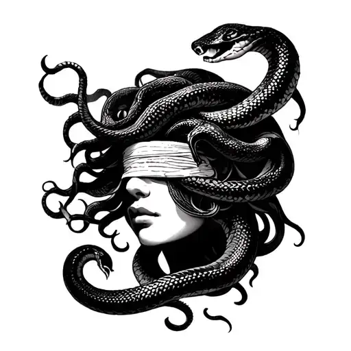 medusa and snakes facing forward blindfolded tattoo design idea