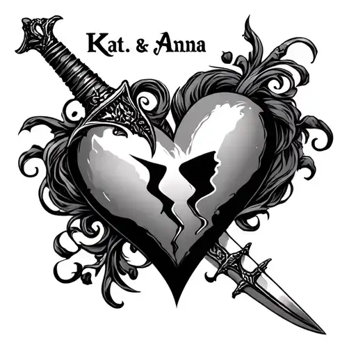 "Kat.& Anna" "Kat.& Anna" Broken heart and dagger intertwined tattoo design idea