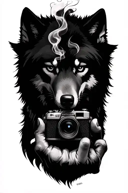 wolf lookin forward ,one piece anime , mafia scene,smoke and small camera just tiny one hanging on finger forearm sleeve tattoo design idea