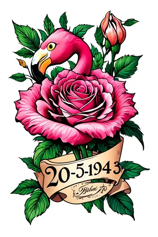 "20-05-1943" pink flamingo rose surrounded tattoo design idea