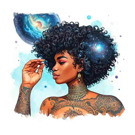 A Afrocentric woman with the galaxy throughout her hair while in space  tattoo design idea