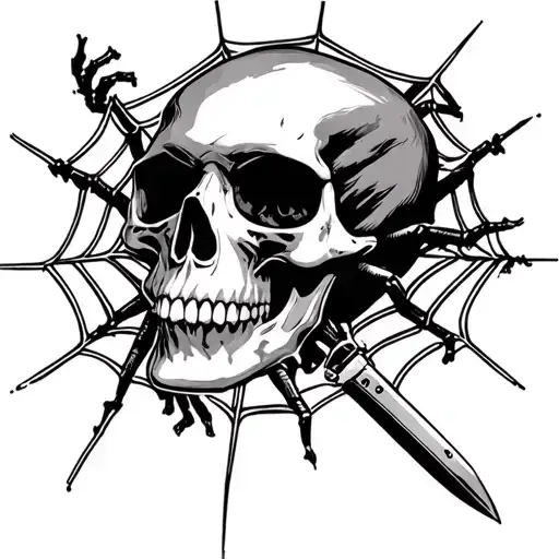 A skull with a spider crawling around and spiderwebs and a knife  tattoo design idea