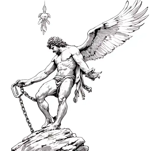 Greek titan prometheus chained to a rock with eagle flying tattoo design idea