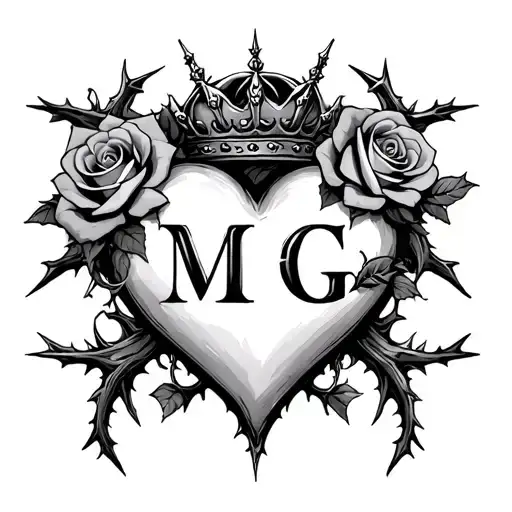 "M G" heart intertwined with roses and thorns, crowned and inscribed with Gothic characters tattoo design idea