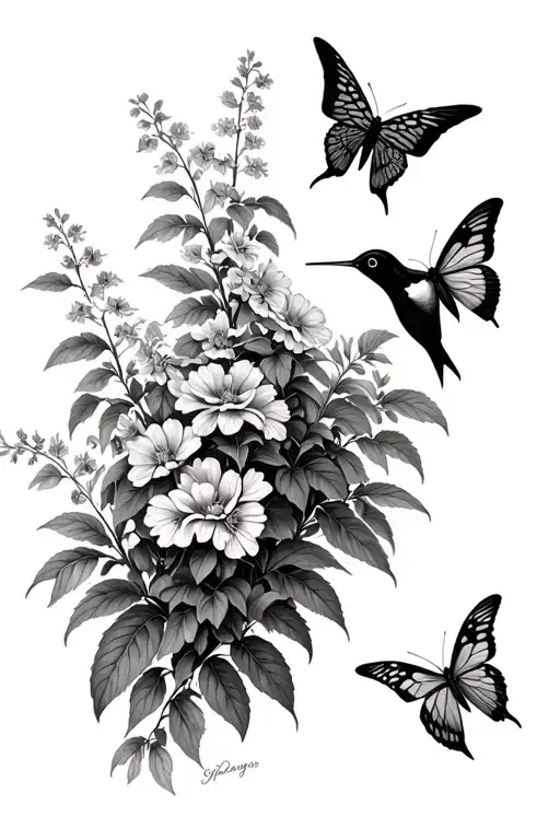 butterfly bush, butterflies and humming bird in a bush    tattoo design idea