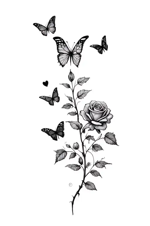 Roses bush with butterflies as details Small dead heads and hearts as a tattoo template fineline everything very detailed tattoo design idea