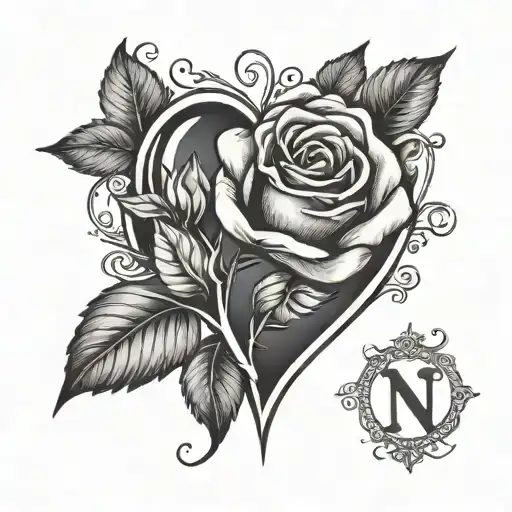 Lifelike modern simple design heart tattoo with a rose and the Letter N tattoo design idea