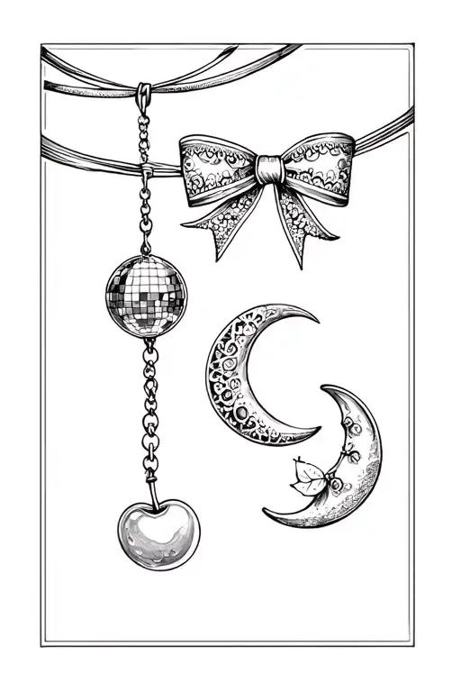 Charms of a cherry, mirrorball, lace bow, and a moon, all on a string going down tattoo design idea