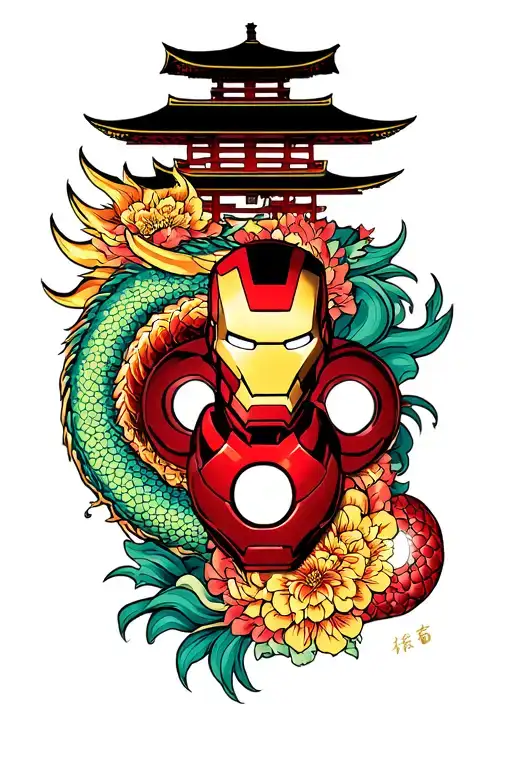 Harry Potter, dragon ball, iron man, japanese temple tattoo design idea