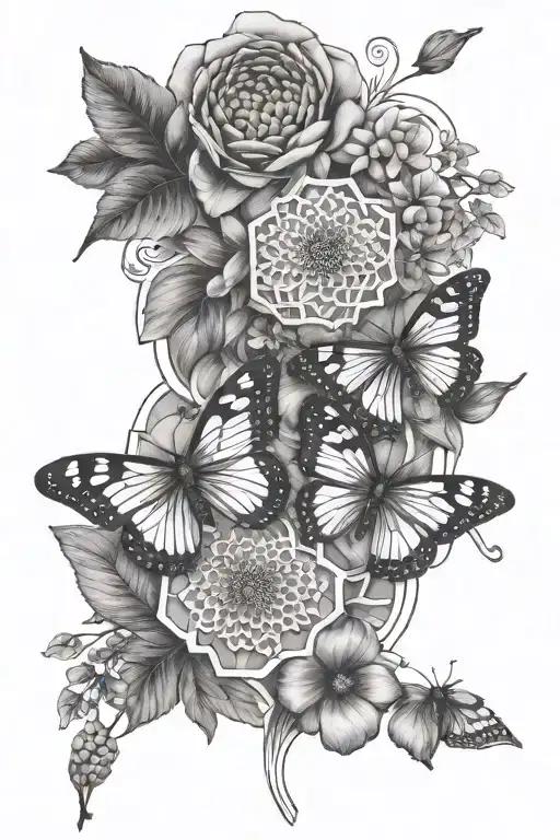 flowers, butterflies and honeycomb  tattoo design idea