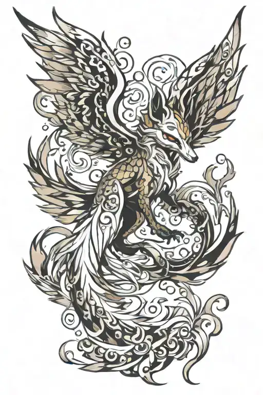 nine tailed fox connecting to a pheonix rising tattoo design idea