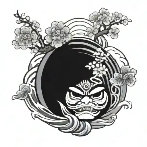 japan shrine daruma doll cherry blossom and ocean wave tattoo design idea