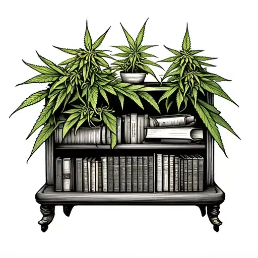 A bookshelf filled with marijuana plants growing out of the books, representing the client's love for reading and weed growing tattoo design idea