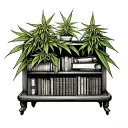 A bookshelf filled with marijuana plants growing out of the books, representing the client's love for reading and weed growing tattoo design idea