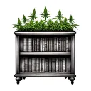 A bookshelf filled with marijuana plants growing out of the books, representing the client's love for reading and weed growing tattoo design idea
