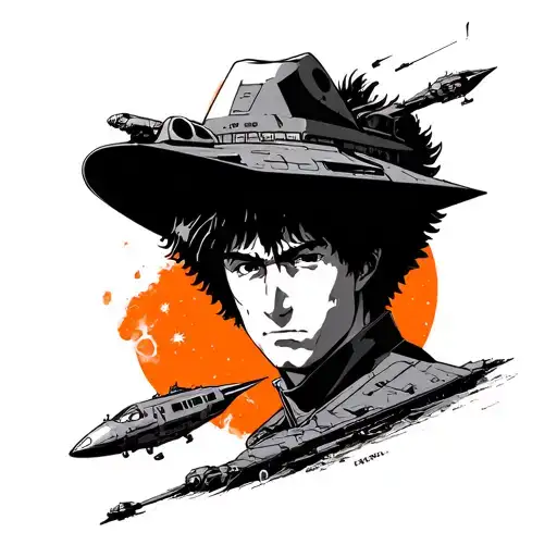 cowboy bebop tattoo with the headshot of spike spiegel in front of the spaceship, in orange and black tattoo design idea