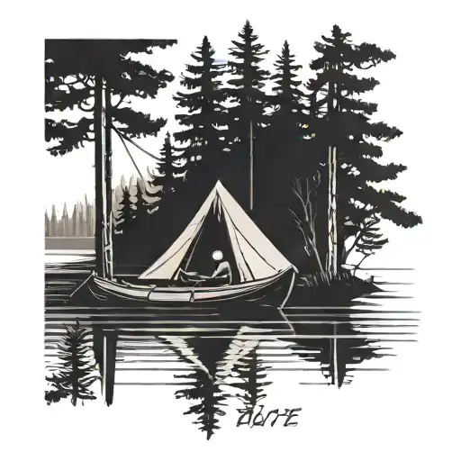 canoe on lake with a tent on shore. pine trees tattoo design idea