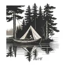 canoe on lake with a tent on shore. pine trees tattoo design idea