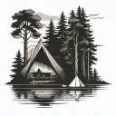 canoe on lake with a tent on shore. pine trees tattoo design idea