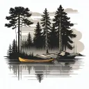 canoe on lake with a tent on shore. pine trees tattoo design idea