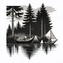 canoe on lake with a tent on shore. pine trees tattoo design idea