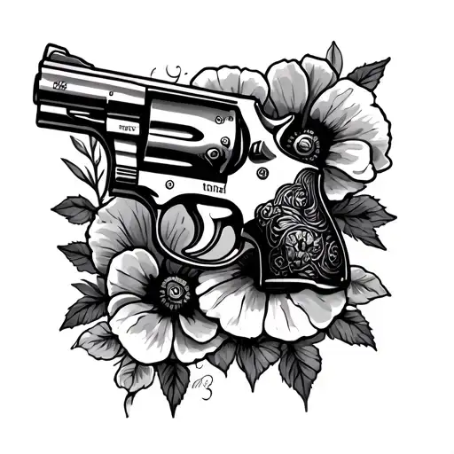 Old school Chicano style tattoo design, Colt Anaconda .38 revolver diagonal composition, surrounded by poppy and ornate  tattoo design idea