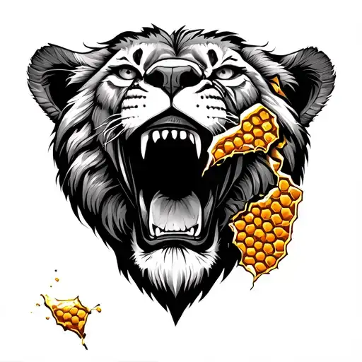 The head of a lion with a mouth torn off in places is peeping honey and honeycomb reference to Salamon tattoo design idea