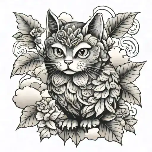 Cat Owl Dog in Cloud Japanese Leafs tattoo design idea