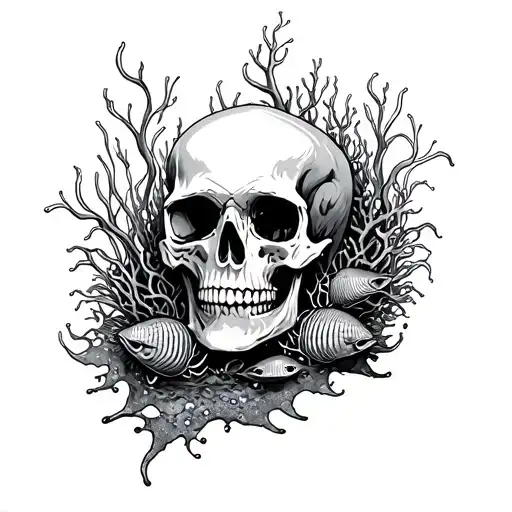Skull and barnacles, kelp, coral, and fish swimming tattoo design idea