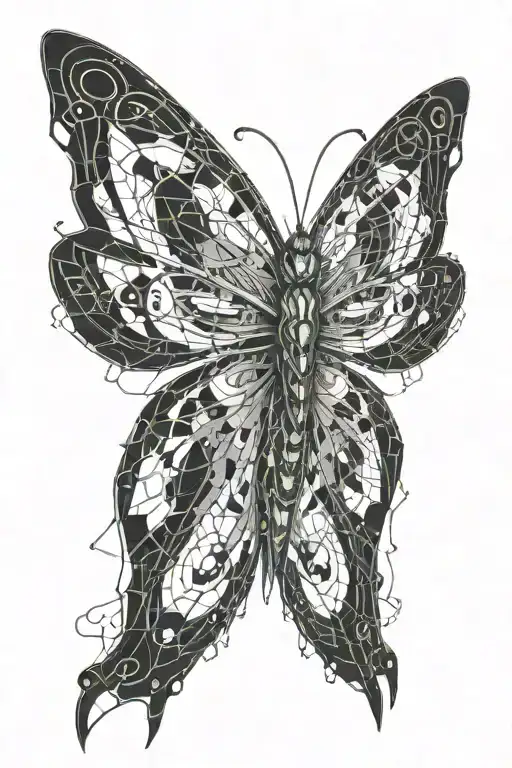 a moth in the middle of my shin just below the knee, then cyber sigilism art that connects to it covering the whole shin tattoo design idea