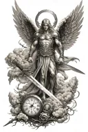 angel warrior sword clock lightning cloud tattoo design idea