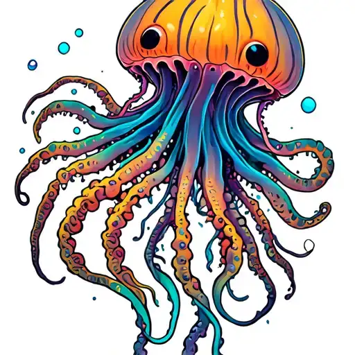 neon jellyfish floating with long tentacles tattoo design idea