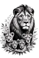 full sleeve, feminine, mom lion with 4 cubs, mandala style filler with some floral filler, fine lines tattoo design idea