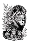 full sleeve, feminine, mom lion with 4 cubs, mandala style filler with some floral filler, fine lines tattoo design idea