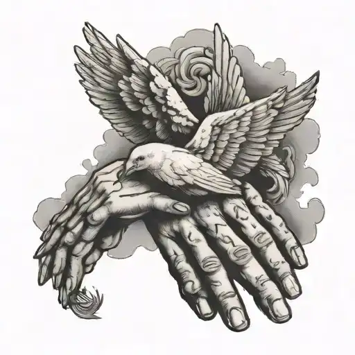 praying hands with a cloud with two doves around it and saying la Energía, Nunca, Mente tattoo design idea