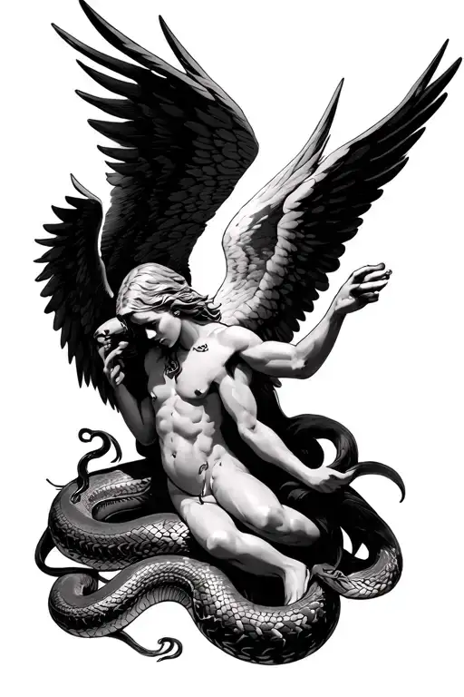 archangel with wings grabbing a small snake by the throat  tattoo design idea