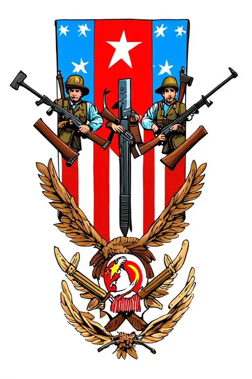 Albanian flag with the communist star in the middle bottom of the tattoo, with workers holding rifles and hammers tattoo design idea