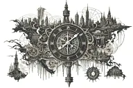 world map, compass, eiffel tower, dubai tower skyline, clock, compass, watchmaking, punk tattoo design idea