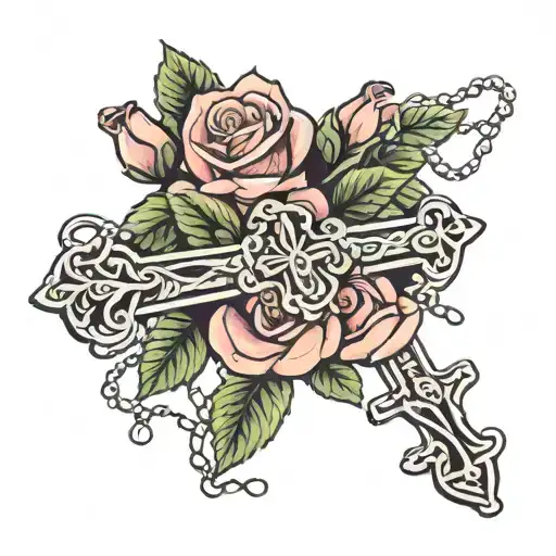 roses cross rosary beads tattoo design idea