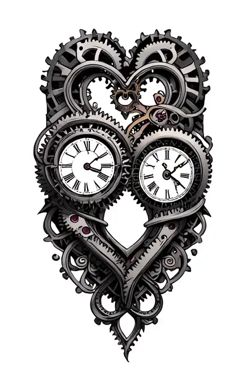 clock mechanism intertwined hearts tattoo design idea