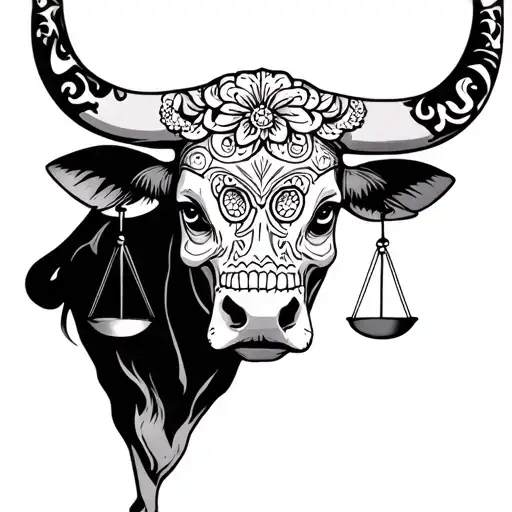 feminine bull with sugar skull markings and 2 Libra scales and dark shaded background tattoo design idea