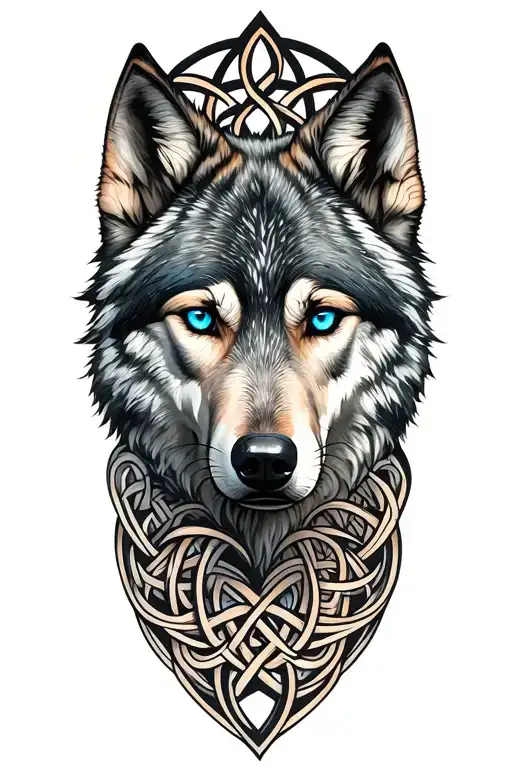 wolf with blue eyes featuring Celtic trinity knot  tattoo design idea