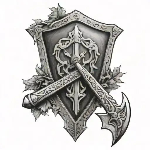 Shield with a crossed viking sword and axe and tress in the background  tattoo design idea